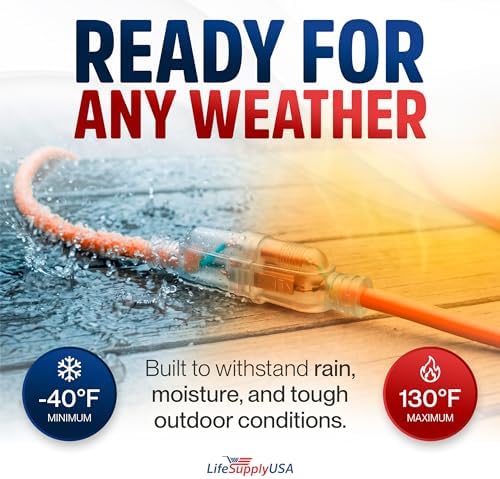 25ft Outdoor/Indoor Extension Cord 14/3 Gauge Heavy Duty 3 Prong SJTW (5-15P/5-15R), Waterproof, Flexible Cold-Resistant Long Power Cord,15A 125V 1875W, Orange by LifeSupplyUSA - Image 5