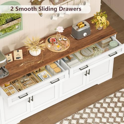 usikey 63" Buffet Cabinet with Storage, Large Sideboard Buffet Cabinet with 2 Adjustable Shelves and 4 Doors, Modern Farmhouse Coffee Bar for Kitchen, Living Room, White - Image 6