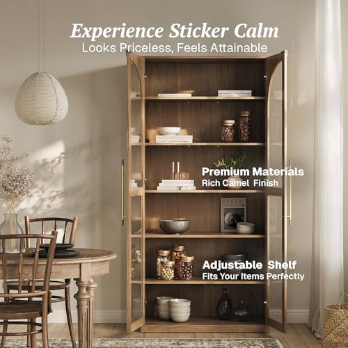 BELLEZE Modern Wood Wine Curio Cabinets with 4 Adjustable Shelves, 67" Storage Cabinet, 6 Shelf Glass Bookshelf Display Cabinet, Trophy Display Case for Living Room, Wine, Camel - Image 5