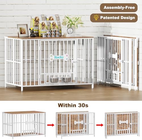 Easycom 43" Dog Crate Furniture Foldable, No Assembly Decorative Dog Kennel Indoor, XL Dog Crates for Large Dogs (60-80 lbs), Wooden Dog Cage with Adjustable Bowls and Name Tag, White & Beech - Image 2