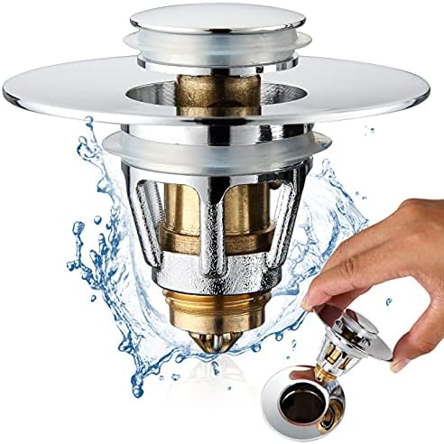 Universal Bathroom Sink Stopper - Stainless Steel Bounce Drain Filter, Pop Up Drain Stopper, Bullet Core Push Type Sink Stopper for Wash Basin, Sink Drain Plug with Anti-Clogging Strainer, Chrome by PerPaiMe