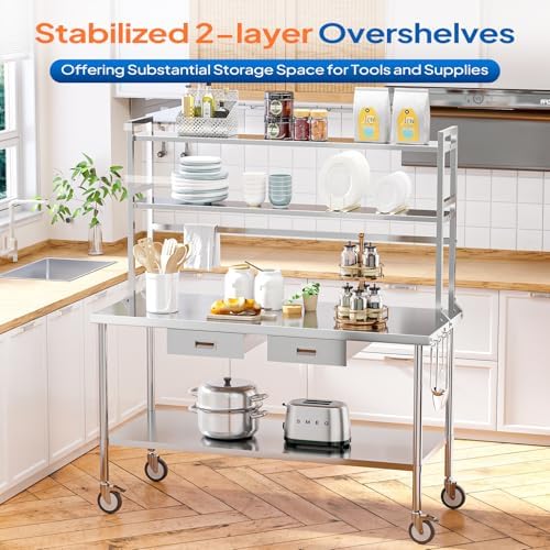 ROVSUN Stainless Steel Table with Wheels & Overshelves 48" X 24", NSF Commercial Heavy Duty Pre Table with Drawers & Adjustable Undershelf，Metal Table with Detachable Hooks for Kitchen Restaurant - Image 4