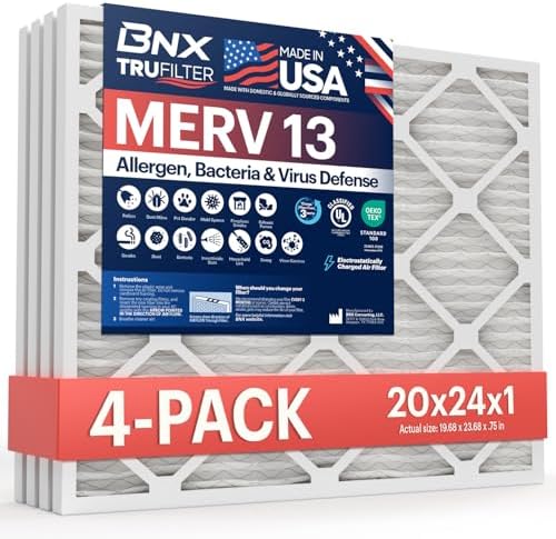 BNX TruFilter 20x24x1 Air Filter MERV 13 (4-Pack) - MADE IN USA - Electrostatic Pleated Air Conditioner HVAC AC Furnace Filters for Allergies, Pollen, Mold, Bacteria, Smoke, Allergen, MPR 1900 FPR 10 by BNX