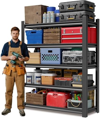JHYKHG 63" H Storage Shelves,5-Tier Heavy Duty Garage Shelving,Adjustable Shelving Unit,Metal Shelf,Boltless Assembly Rack for Warehouse,Shed,2,500 lb Load,16 x 24 x 63 Inches,Black by Unknown