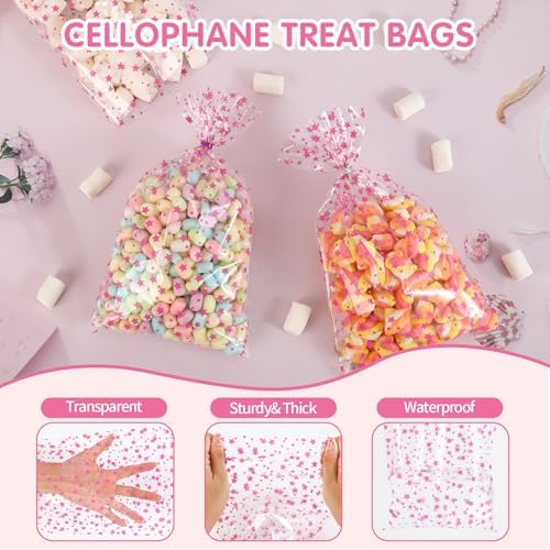 COQOFA 100 Pcs Pink Star 7"X12" Gift Wrap Cello Cellophane Treat Bags Party Favor Bags Clear Candy Cookie Plastic Poly Goodie Storage Bags with Twist Ties for Baby Shower, Gender Reveal, Birthday - Image 3