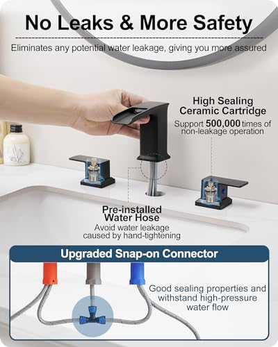 Waterfall Faucet for Bathroom Sink 3 Hole, Black 8 Inch 2 Handles - Image 4