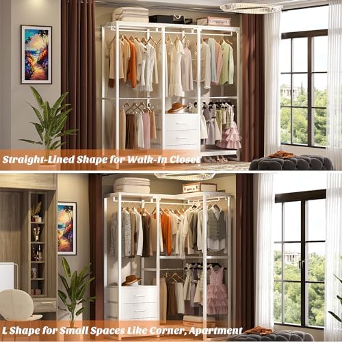 Aheaplus Garment Rack Heavy Duty Clothes Rack for Hanging Clothes,Clothing Rack with Drawers, Wood Stoarge Shelf Freestanding Closet Wardrobe Rack, Corner L Shaped Closet System Organizers, W3,White - Image 2