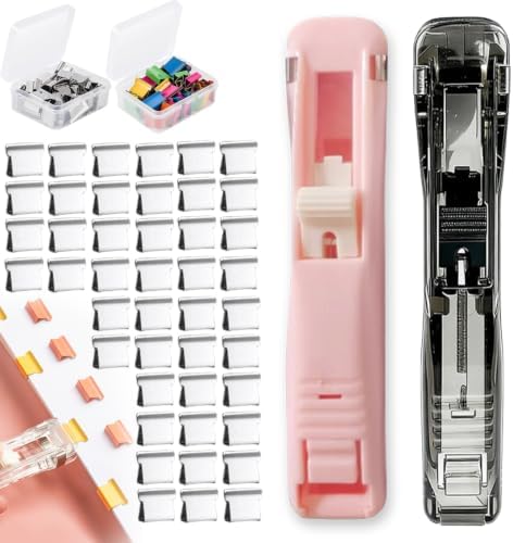 2PCS Portable Binder Clip Stapler with 100 Metal Refill Clips, Reusable Staple-Free Paper Binding System, Holds up to 40 Sheets, Office School Document Organizer Tool，Pink+Black by LSMARZJZ