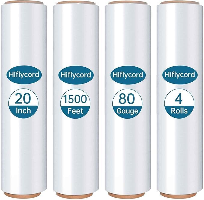 Stretch Film Shrink Wrap Roll 20" x 1500FT, Heavy Duty 80 Gauge Stretch Wrap by Hiflycord