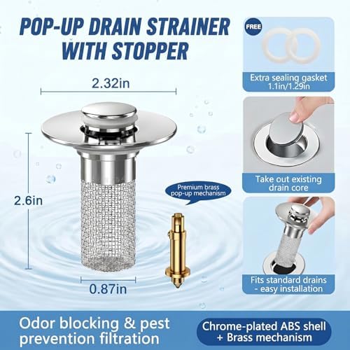 2PCS Bathroom Sink Drain Strainer, Pop-up Stopper Hair Catcher with Stainless Steel Filter Basket, Universal Replacement Drain Plug for Bathroom Sinks - Image 2