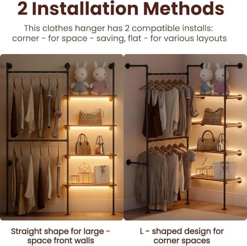 Industrial Pipe Clothing Rack with LED Lights& Shelves - Image 4