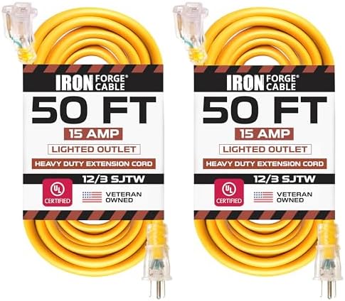 IRON FORGE CABLE 2 Pack of 50 Ft Outdoor Extension Cords - 12/3 SJTW Heavy Duty Yellow 3 Prong Extension Cable, 15 AMP - Great for Garden and Major Appliances by IronForgeCable