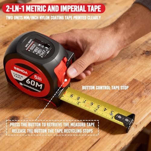 SENDA 3-in-1 Laser Tape Measure - 197Ft Rechargeable Laser Measuring Tape with Led Display & 16Ft Measuring Tool with Magnetic Hook & Auto Lock -20 Data Sets,Pythagorean/Area/Volume,Ft/Ft+in/in/M Unit - Image 6