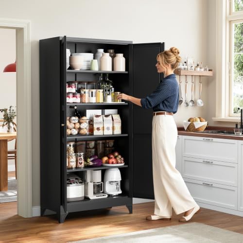 Yizosh Metal Storage Cabinet with 2 Doors and 4 Adjustable Shelves,- 72" Black Kitchen Pantry Storage Cabinet for Kitchen,Living Room,Dining Room - Image 2