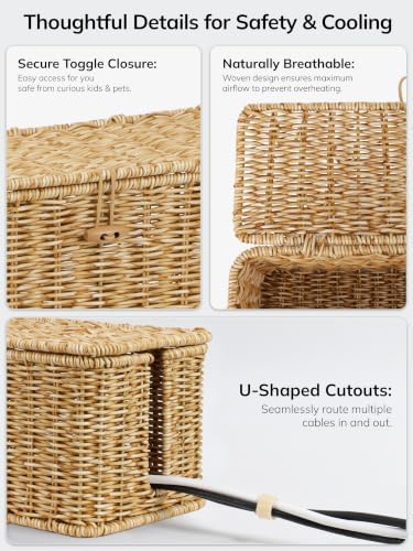 Cable Management Box, Cord Organizer with Lid & Cable Ties - Natural,L - Image 3