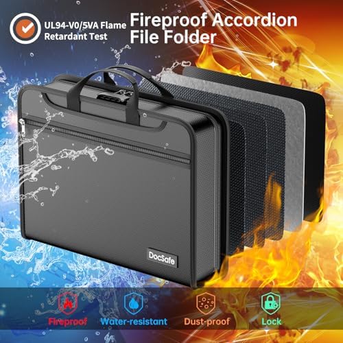 DocSafe Accordion File Organizer Bag with Lock, Fireproof Water Resistant Expanding File Folder with Multi Colorful Pockets,Document Organizer Safe Storage for Important Documents and More, Black - Image 2