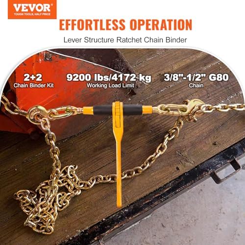 VEVOR Chain and Binder Kit, 3/8"-1/2" Ratchet Load Binders 9200 lbs Working Load Limit, 3/8" x 10' G80 Chains with Grab Hooks, Ratchet Binders and Chains for Truck, Tie Down, Hauling, Towing, 2 Set - Image 2