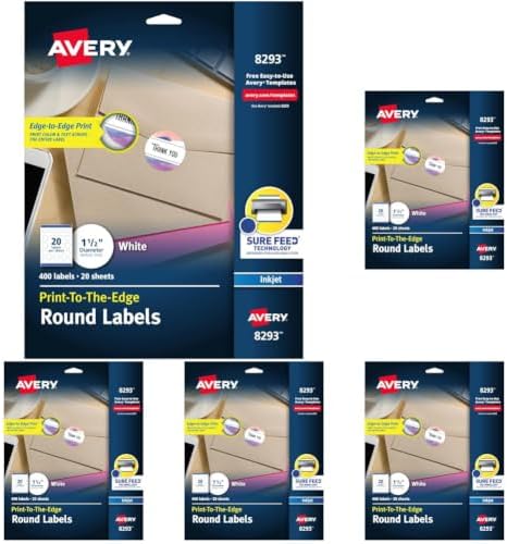 AVERY Round Labels, White, 1-1/2" | Sure Feed Technology | Permanent Adhesive | 400 Labels, Pack of 5 by Avery