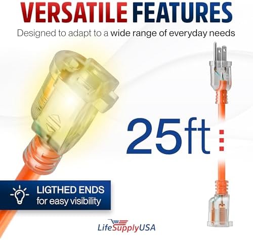 25ft Outdoor/Indoor Extension Cord 14/3 Gauge Heavy Duty 3 Prong SJTW (5-15P/5-15R), Waterproof, Flexible Cold-Resistant Long Power Cord,15A 125V 1875W, Orange by LifeSupplyUSA - Image 6