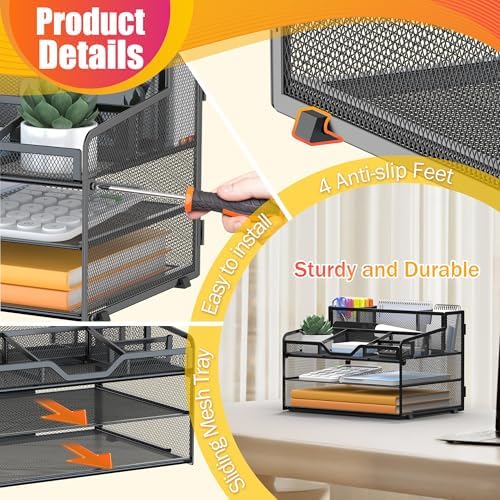 Docnest 3 Tier Mesh Desk Organizer with Letter Tray & Paper Sorter, Black - Image 5