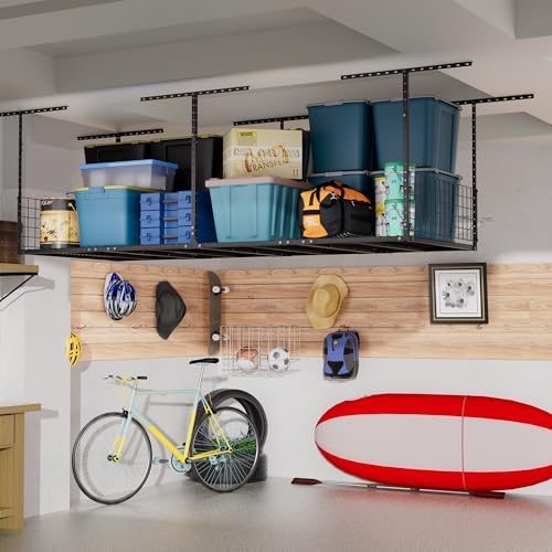 Soywey 3 x 8FT Overhead Garage Storage Rack,Adjustable Ceiling Storage Racks,Garage Shelving Heavy Duty Storage Organizer System With Sidebar,Load 600LBS Weight - Image 2