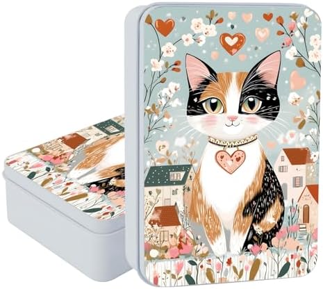 Large Metal Tins Box-7.1” x4.7”x2“ Rectangular Empty Storage Box With Lid Decorative Organizer Storage Tin Case For Office/Cookie/Candy/Jewelry/Photo/Letter Floral Cat by Unknown