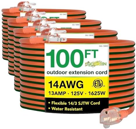 Go Green Power Inc. 14/3 Lighted Outdoor Extension Cord - Durable, Heavy Duty - Perfect for Outdoor Tools & Equipment - GG-13800, 100 ft (Pack of 4) by PowerByGoGreen