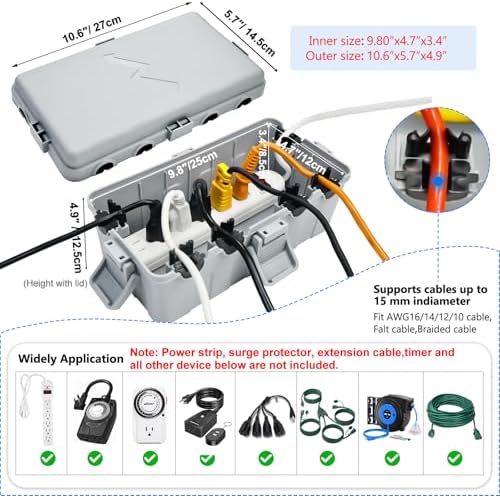 Hrensaw Medium Outdoor Electrical Box(10.6x5.5x4.5inch),IP54 Waterproof Extension Cord Cover w/6 Cable Entry,Weatherproof Connection Box Protect Power Strip,Timer,Plug,Holiday Lights,Grey - Image 2