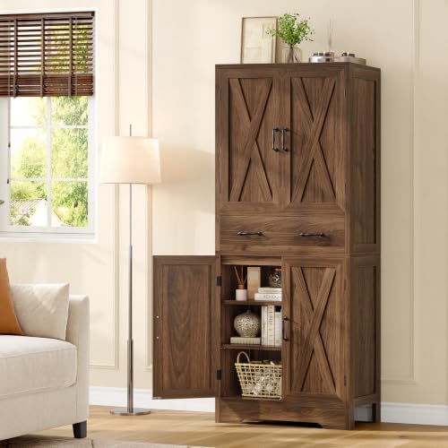 TEENFON Tall Storage Cabinet with 2 Adjustable Shelves & 1 Large Drawer, Kitchen Pantry Cabinet with 4 Doors, Bathroom Storage Cabinets, for Living Room, Kitchen, Bathroom, Walnut - Image 5