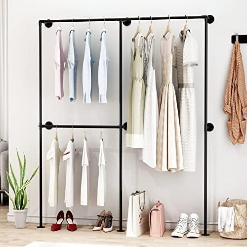 DR.IRON Industrial Pipe Clothing Racks with Double Bar, Industrial Black Clothes Racks Wall Mounted, Heavy Duty Closet Rods for Hanging Clothes Organizer Storage - Image 2