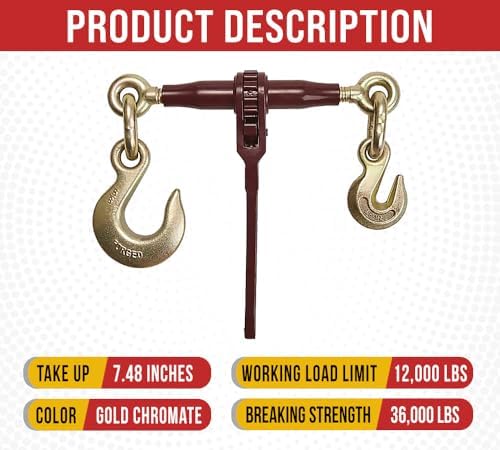 PRO Heavy Duty Chain Specialty Binder Ratchet Style 3/8"-1/2" Grab Hook & 5/8" Slip Hook, 12,000 lbs WLL - Image 2