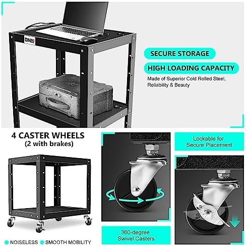 DNA Motoring 3-Layer Utility Steel AV Cart with Wheels Power Strip, 25" x 18" x 24"-42" Height Adjustable Rolling Projector Cart,TOOLS-00136 - Image 4