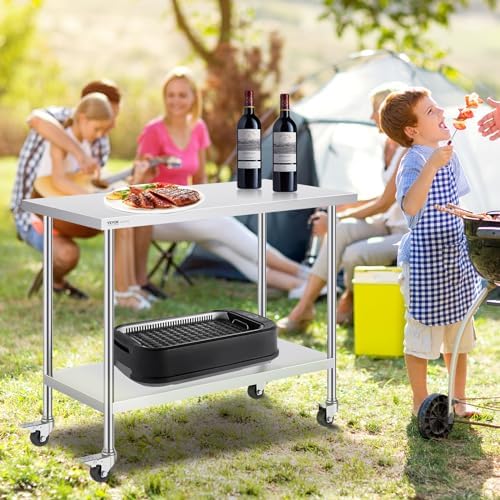 VEVOR Stainless Steel Work Table 24 x 48 x 38 Inch, with 4 Wheels, 3 Adjustable Height Levels, Heavy Duty Food Prep Worktable for Commercial Kitchen Restaurant, Silver - Image 2