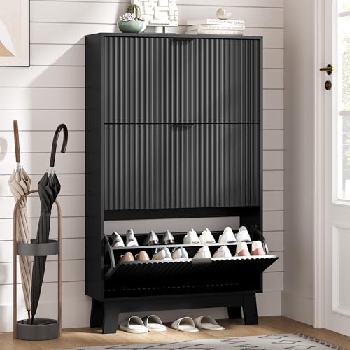 Shoe Cabinet Storage for Entryway with 3 Flip Drawers, Fluted Narrow Shoe Organizer with Wooden Legs, Freestanding Slim Shoe Storage Hidden Shoe Rack Organizer for Front Door Entrance, Hallway, Black by HUANLEGO