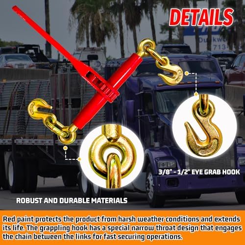Chain Binders Ratcheting 3/8" - 1/2" | Adjustable Load Binder with G70 Grab Hooks for 3/8-1/2 Chains | 9,200 Lbs Working Load Limit - Image 2