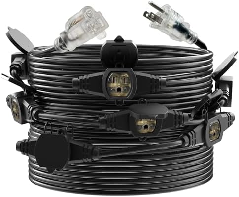 50FT Outdoor Extension Cord, 16 Gauge SJTW 5-15R Cable Male Plug to Female Connector,10 Evenly-Spaced Outlets Plug,Suitable for Stage Setting or outdor. by oviitech