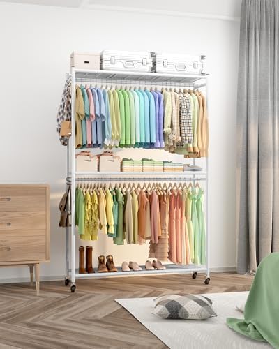 Sakugi Clothes Rack - 45.2" x 12.2" x 79.5" Clothing Rack with Shelves & Wheels, Multi-Functional Wardrobe Closet with Hooks, Sturdy Metal Garment Rack for Bedroom, Laundry, Balcony (White) - Image 2