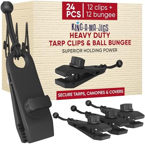 24 Pack - Tarp Clips Heavy Duty Lock Grip & Tarp Tie Downs Bungee Cords with Balls - Super Strong - Heavy Duty Clamps, Alligator Design - Secures Tarps, Tents, Awnings, Banners or Covers (24 Pack) by King-A-Ma-Gigs