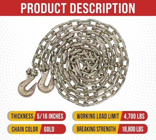 Mytee Products 4 Pack 5/16 Inch x 12 FT Grade 70 Binder Chain with Clevis Grab Hooks - G70 Transport Tow Chain - 4,700 Lbs Working Load Limit - Image 4