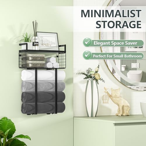 Xstydes Towel Racks for Bathroom, Metal Towel Holder with Storage Basket,Wall Towel Rack for Rolled Towels, Towel Storage for Small Bathroom,Black - Image 7