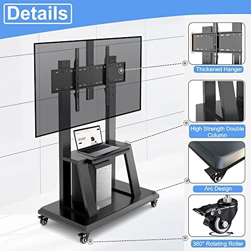 Hellsehen Mobile TV Stand,Rolling TVs Cart on Wheels Height Adjustable Heavy-Duty Floor Stand Base for 32-75 Inch LCD LED OLED Flat Panel Screens Smartboard Movable Holds up to 220lbs with Shelf - Image 3