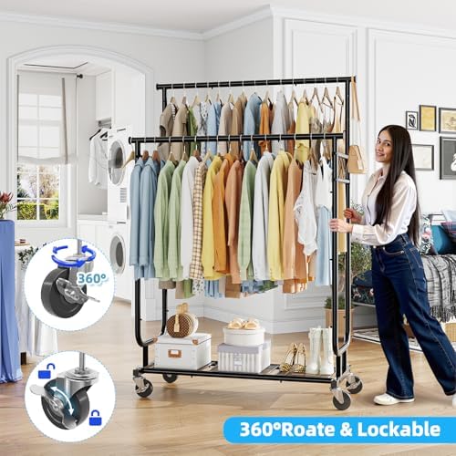 Ekisemio Heavy Duty Clothes Rack, Rolling Clothing Rack With Shelves Load 450 LBS, Double Rod Clothing Racks with Wheels for Hanging Clothes, Black - Image 6