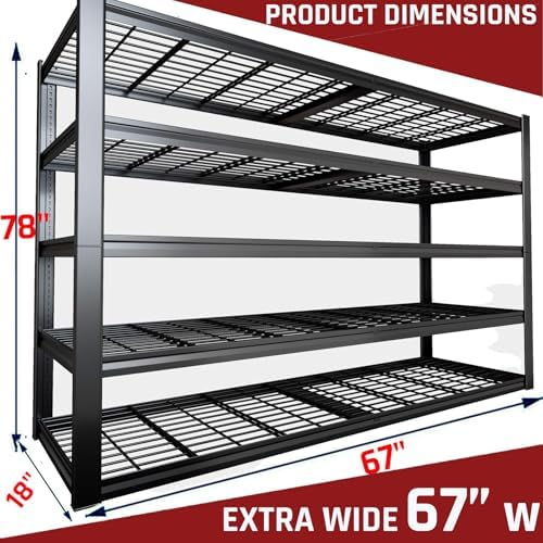 67" W Garage Shelving Heavy Duty, 18" D Garage Shelves, 78" H Adjustable Storage Shelving Unit, 5 Tier Commercial Metal Shelves for Warehouse, Basement, Shop, 67" W x 18" D x 78" H - Image 3