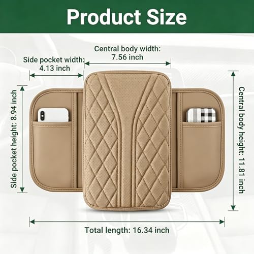 Car Center Console Cover, Leather Car Armrest Cover with 2 × Storage Bags, Waterproof Auto Arm Rest Covers Pad, Universal Console Covers for Storage Box Protector for Vehicle SUV Truck (Beige) - Image 2