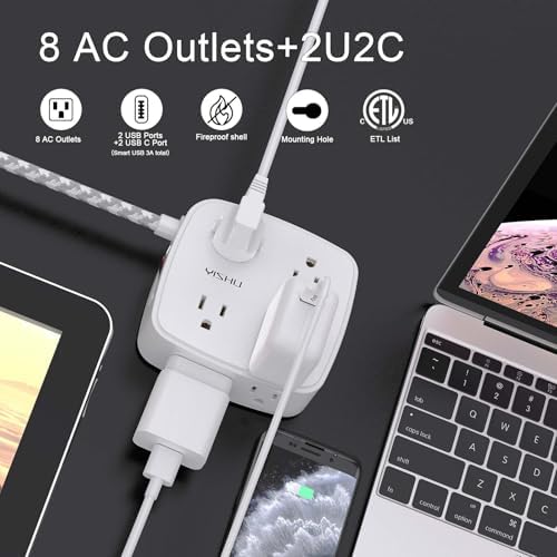 Surge Protector Power Strip - YISHU 8 Outlets with 4 USB (2 USB C) Charging Ports, 10Ft Braided Extension Cord, Flat Plug Multi Plug Outlet Extender Charging Station for Home Office, ETL, White - Image 2