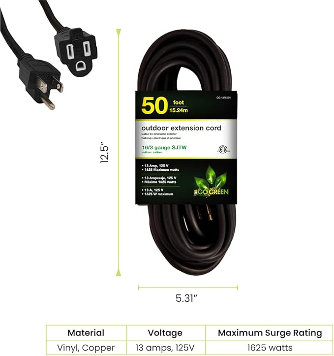 Go Green Power Inc. 16/3 50ft Black Outdoor Extension Cord - Image 2