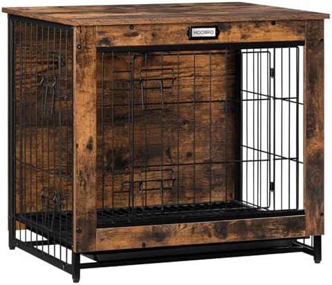 Dog Crate Furniture, 25.5" Small Dog Kennel Indoor, Wooden Cage with Pull-Out Tray, Double Doors Pet House Side End Table for Small/Medium Dogs, Rustic Brown BF642GW03G1 by HOOBRO