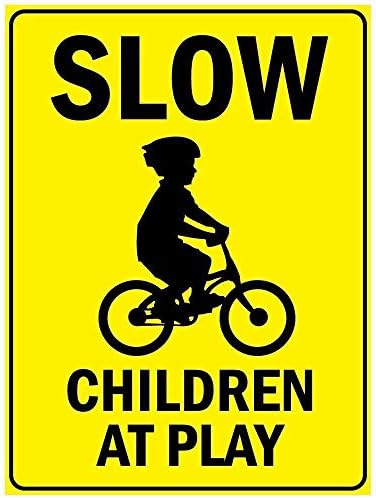 Warning Sign Slow Children at Play with Bicycle Symbol Sign Business Sign 12X8 Inches Aluminum Metal Tin Sign by Eletina