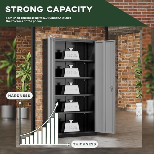 Greenvelly Metal Garage Storage Cabinet, 72" Black Gray Tool Steel Locking Cabinet with Doors and 4 Shelves, Tall Cabinets for Garage Storage Systems Lockable File Cabinet for Home Office,Garage - Image 6