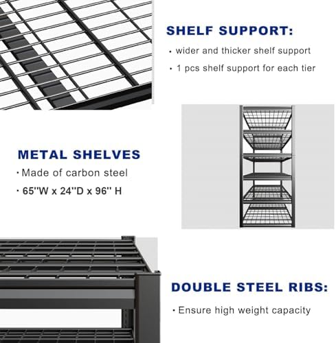65" W Garage Shelving Heavy Duty, 7 Tier Garage Shelves, 65" W x 96" H x 24" D Adjustable Storage Shelving Unit, Commercial Metal Shelves for Warehouse, Basement,2 Pack - Image 5